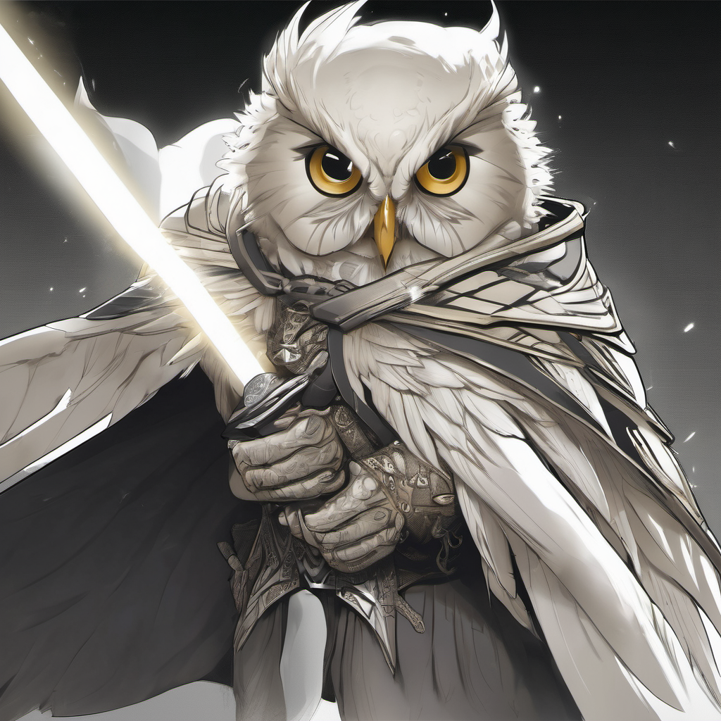 AYA, el búho piloto, cara abierta, sable de luz blanco
